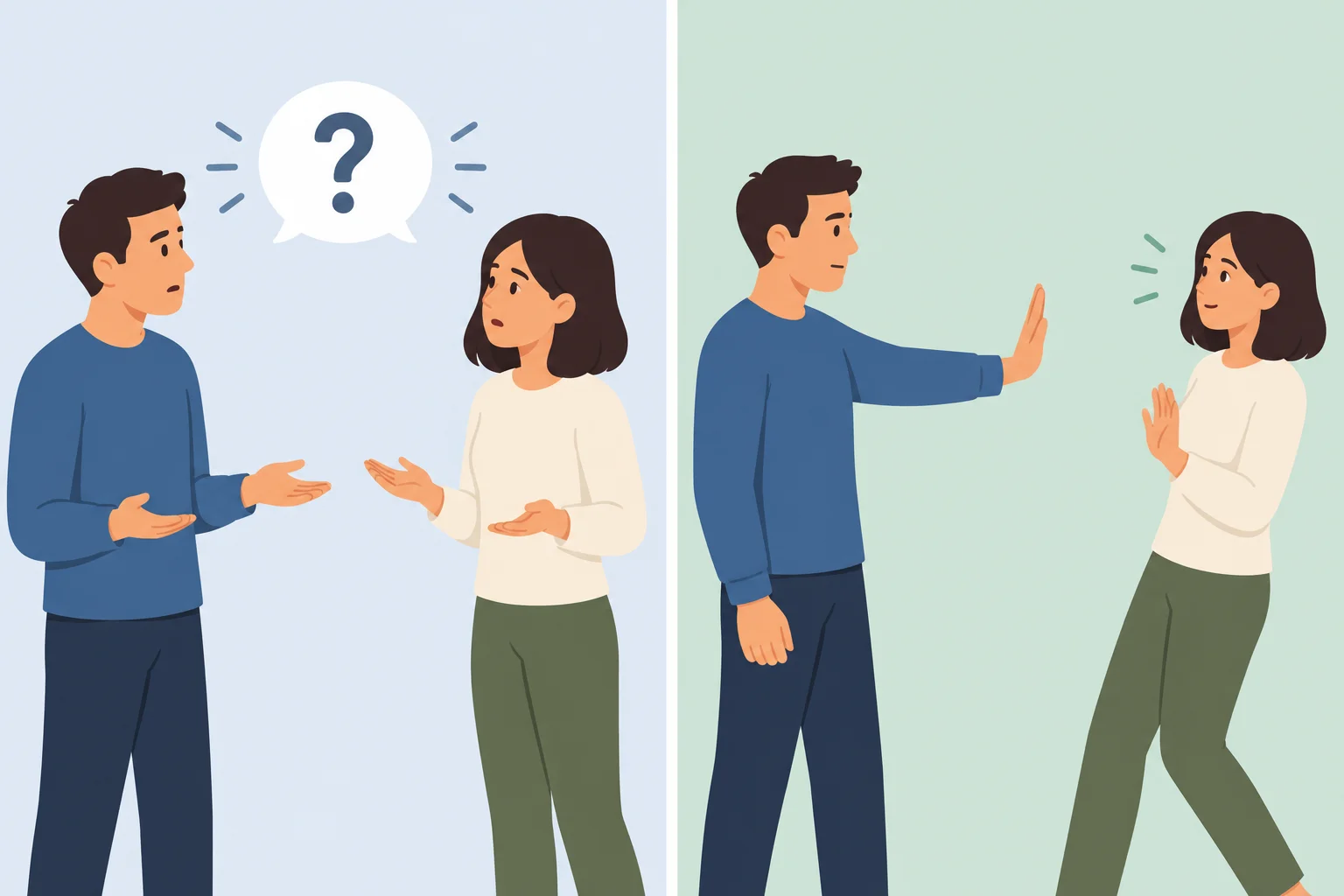 Comparação visual entre uma conversa com dúvida de entendimento e uma conversa em que um limite claro é respeitado.