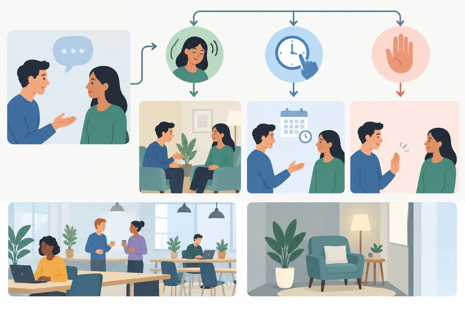 Diagrama visual de uma consulta seguida de três respostas possíveis: conversar, adiar ou encerrar; ao lado, contraste entre espaço público e local privado.