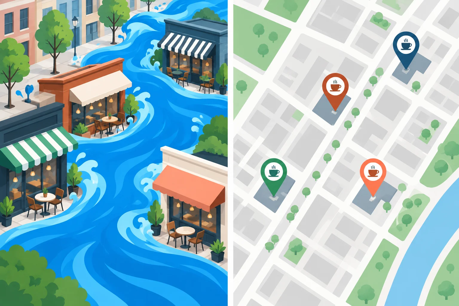 Comparação visual entre cafés apresentados como uma inundação e como simples novas aberturas.
