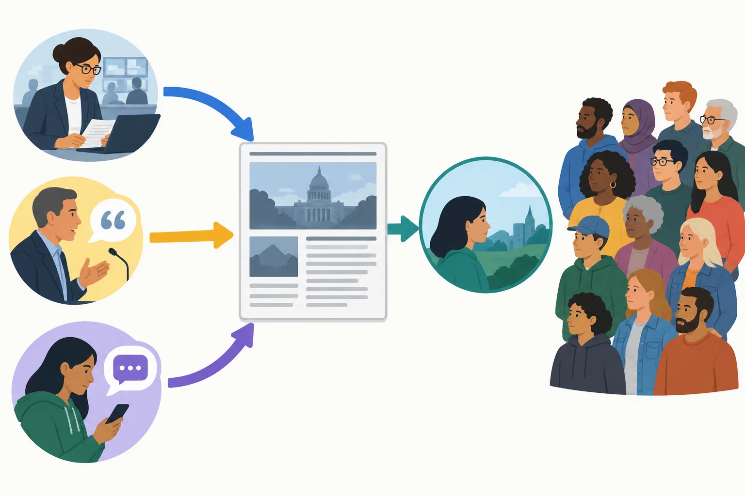Diagrama com três possíveis vozes — veículo, pessoa citada e comentarista — ligadas a um trecho, enquanto uma multidão diversa fica fora do alcance automático da avaliação.