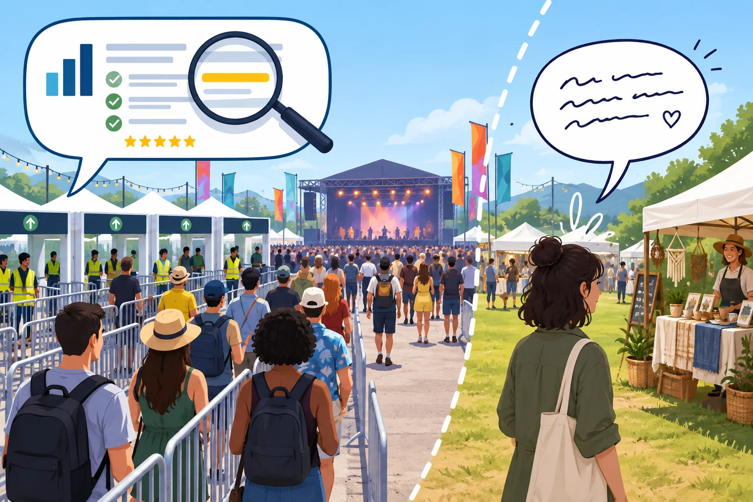 Diagrama de um festival visto por uma resenha institucional e por um comentário pessoal, com uma lente destacando escolhas de palavras e uma fronteira entre perspectiva individual e comunidade.