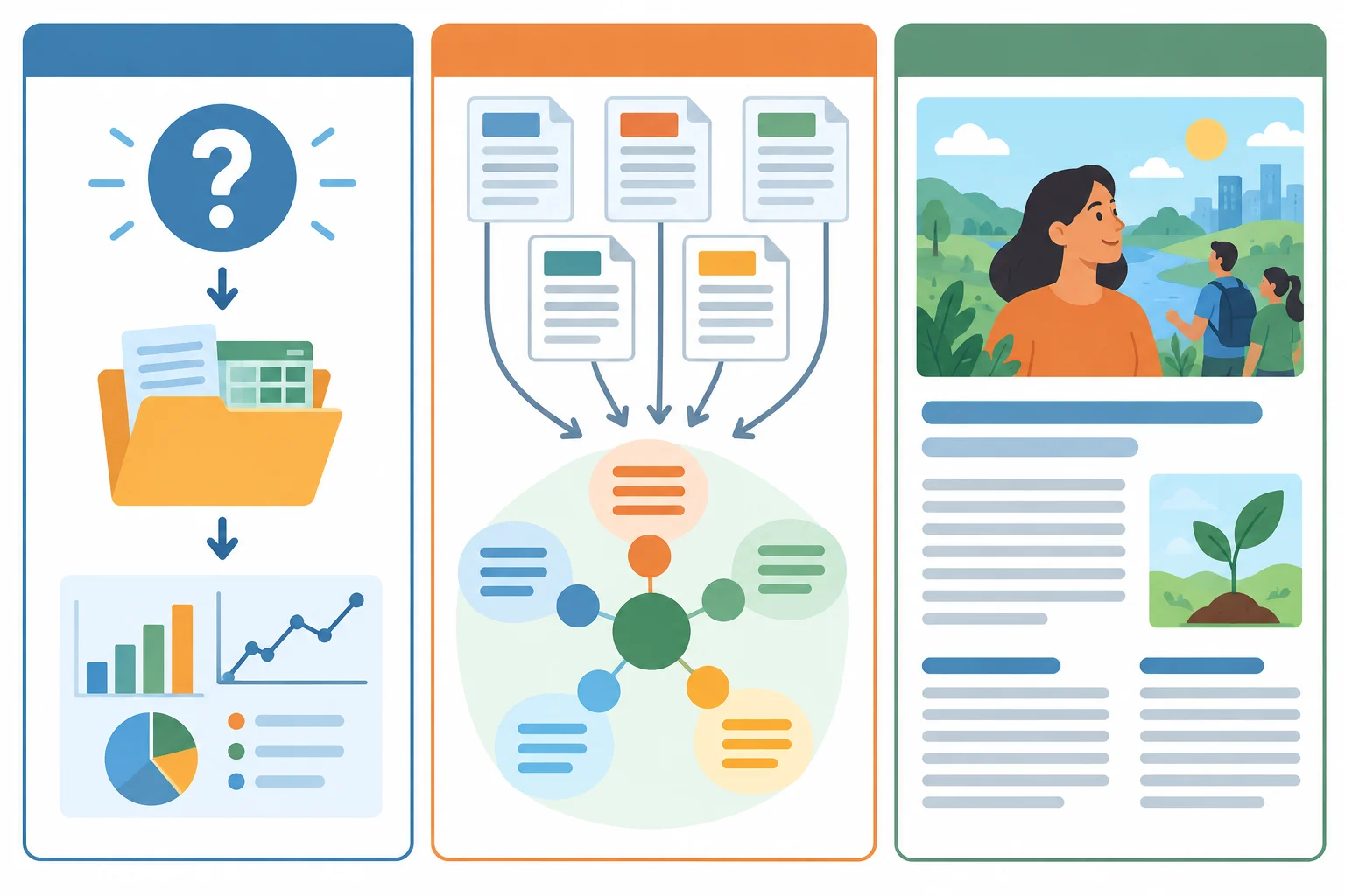Diagrama comparando uma investigação própria, uma síntese de estudos e uma explicação para público amplo.