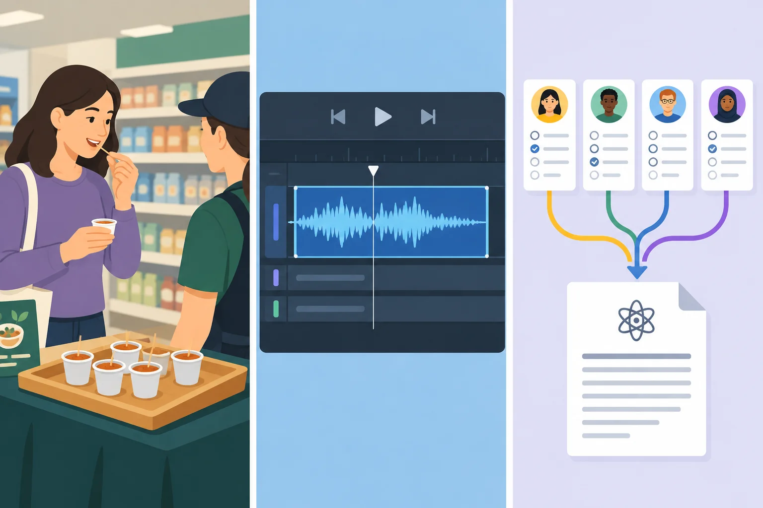 Três usos visuais distintos para a ideia de sample: degustação, trecho de áudio e grupo de participantes de pesquisa.