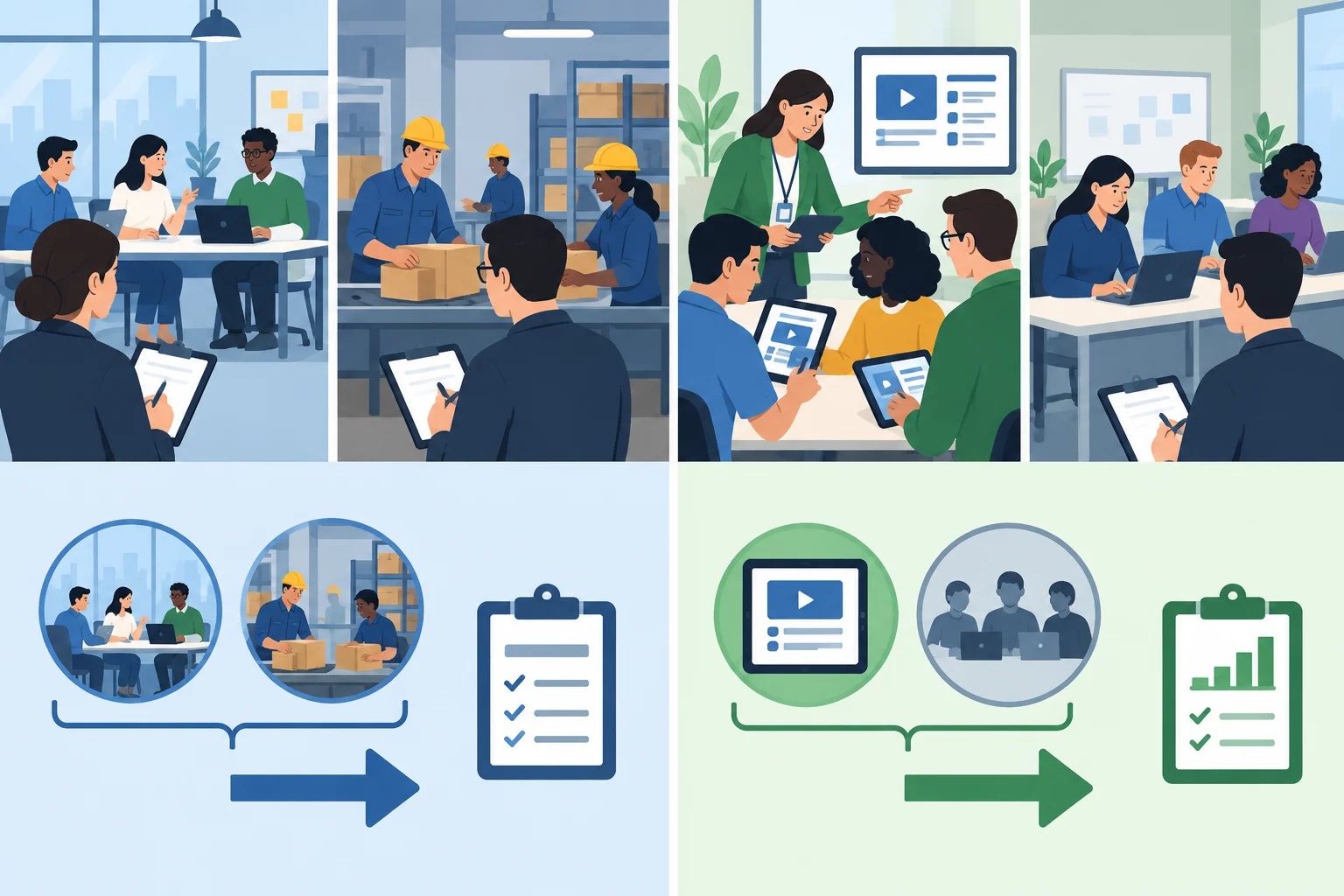 Diagrama em duas partes: à esquerda, pesquisadores acompanham situações que já existem; à direita, introduzem uma atividade para um grupo e registram resultados.