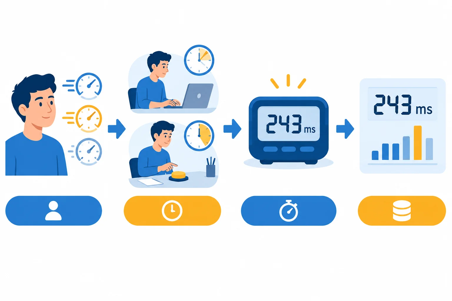 Diagrama que mostra uma característica variável observada em uma condição, registrada por um cronômetro digital e expressa como um valor em milissegundos.