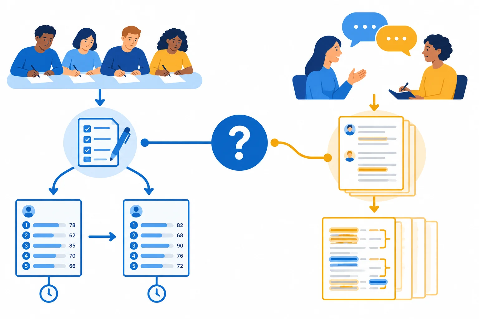 Diagrama mostrando que tarefas com escores registram desempenho, enquanto entrevistas transcritas disponibilizam relatos para análise.