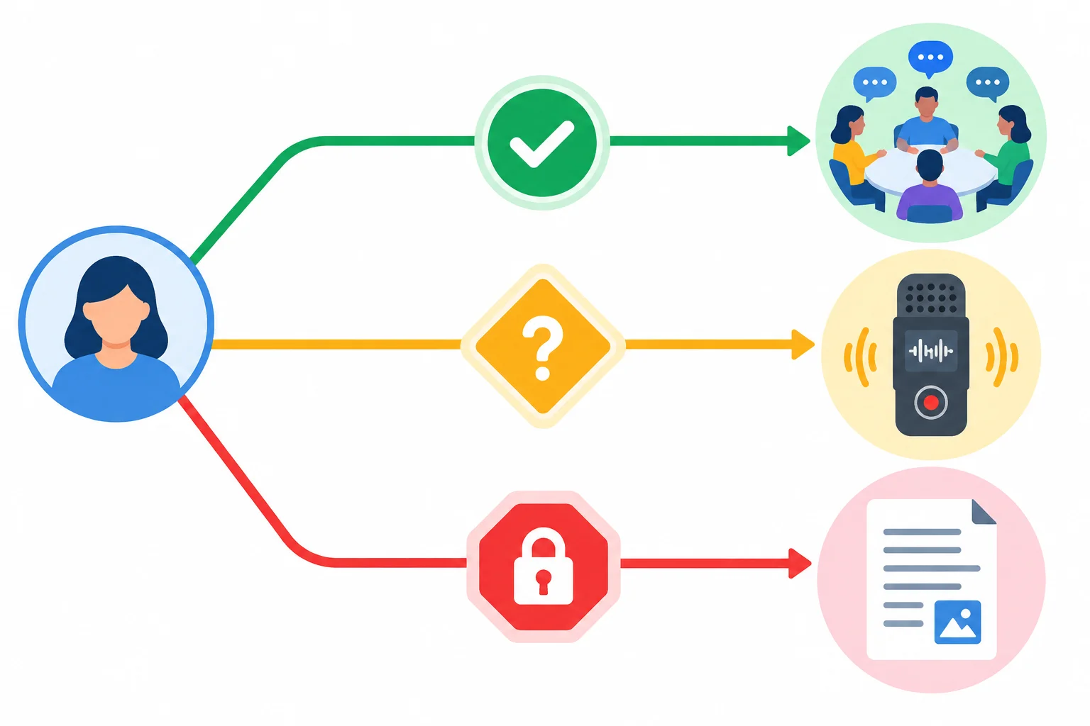 Diagrama com três trilhas independentes: participação, gravação e divulgação, cada uma com uma condição própria.