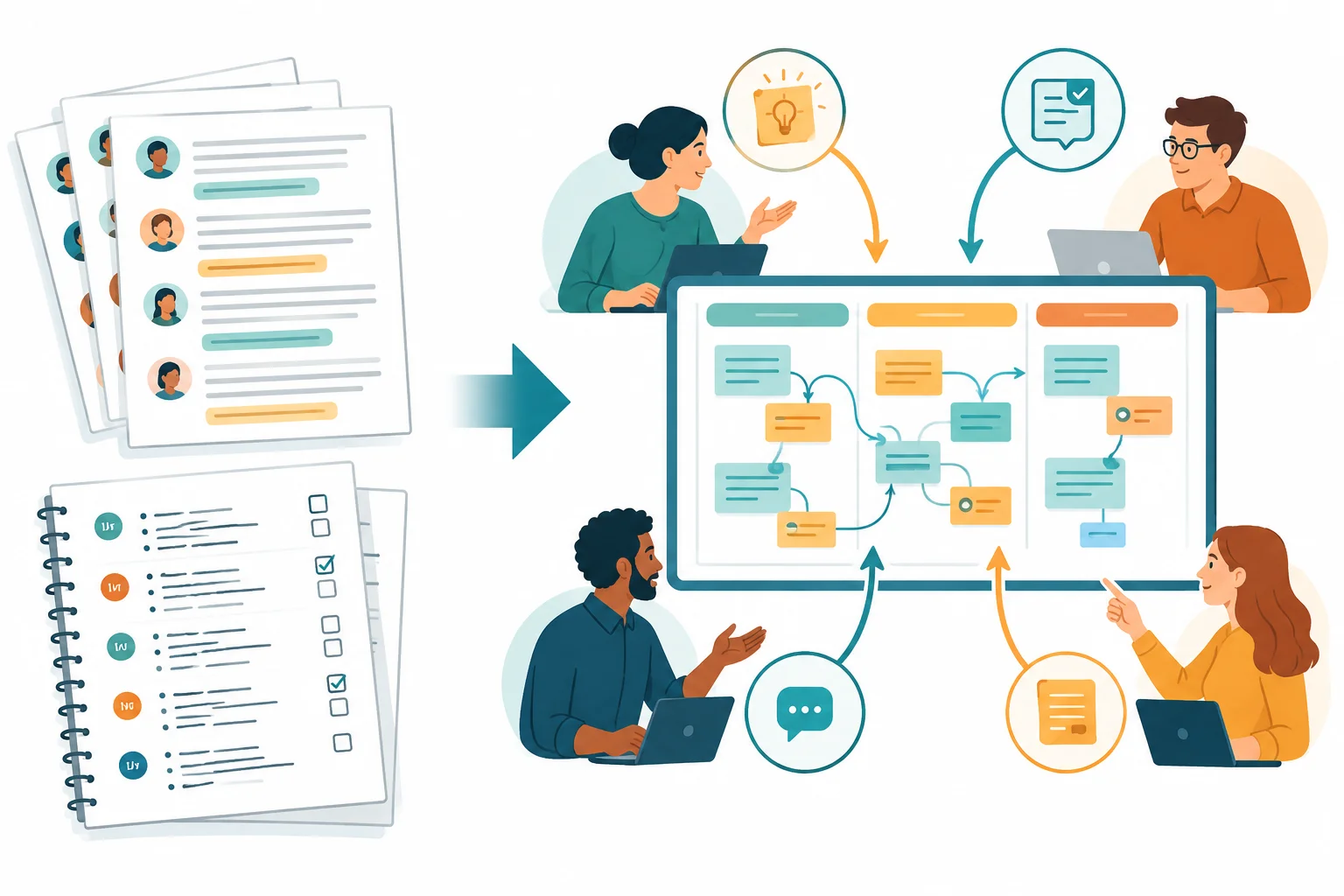 Diagrama mostrando documentos de entrevista e anotações à esquerda e uma interpretação sobre tornar decisões informais visíveis à direita.