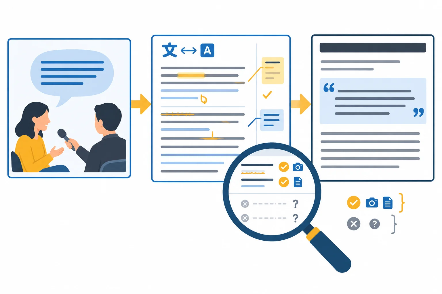 Diagrama com três documentos conectados: material de fala, preparação por tradução ou edição e excerto no relatório; uma lupa indica limites de conferência.