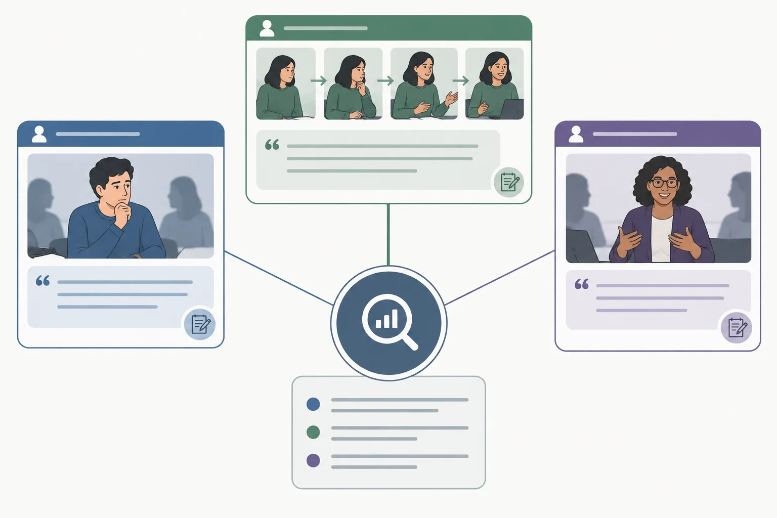 Diagrama com três relatos de participantes ligados a uma interpretação central, incluindo um relato que limita a generalização.