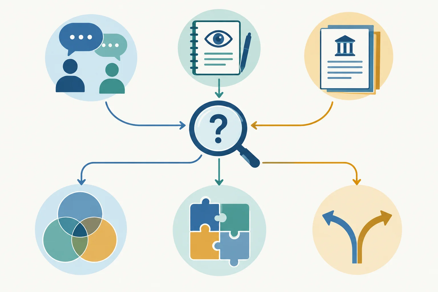 Diagrama com uma questão central ligada a entrevistas, observações e documentos, produzindo convergência, complementaridade ou divergência.