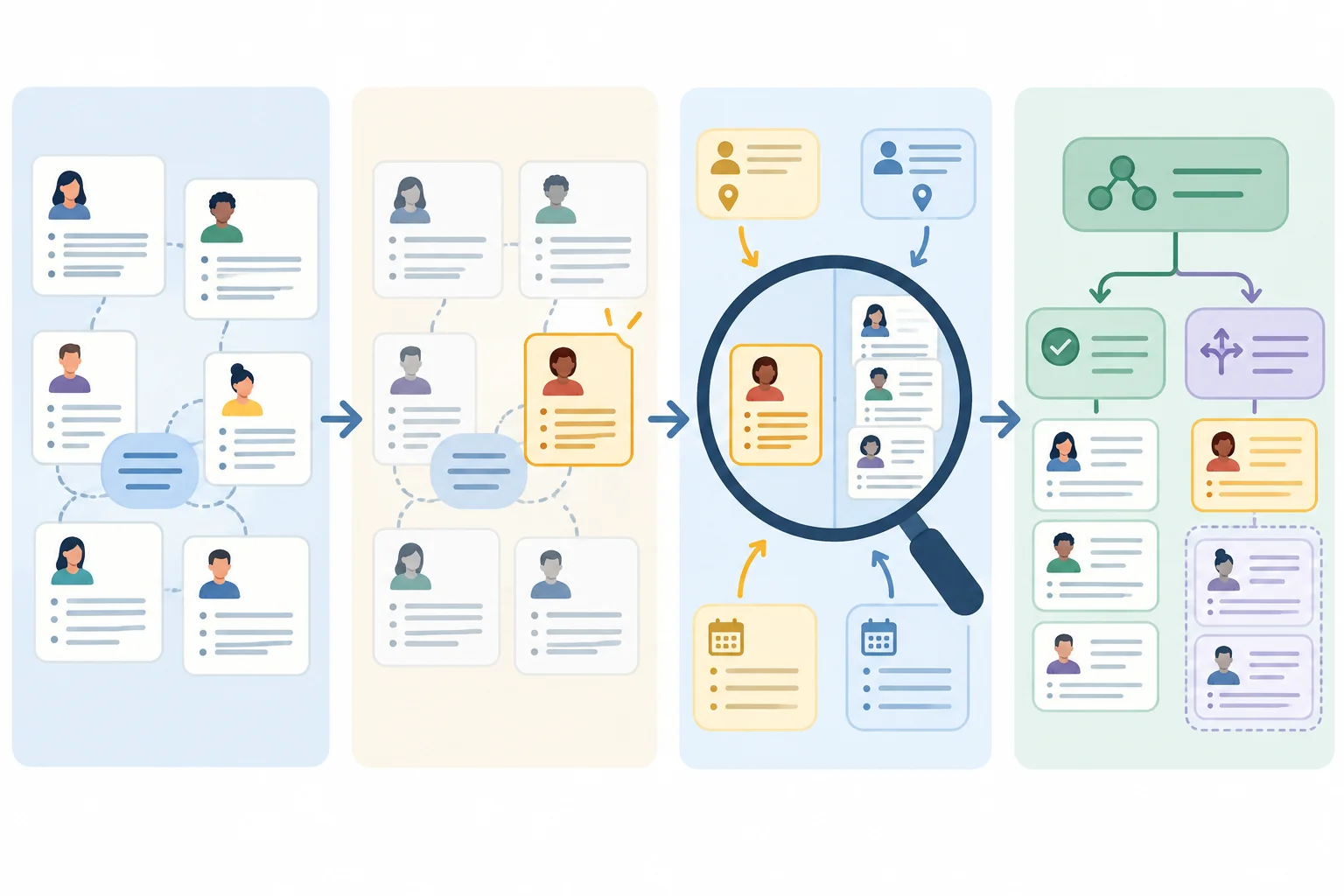 Diagrama em quatro etapas: padrão inicial, caso contrastante, comparação contextual e interpretação refinada com uma condição.