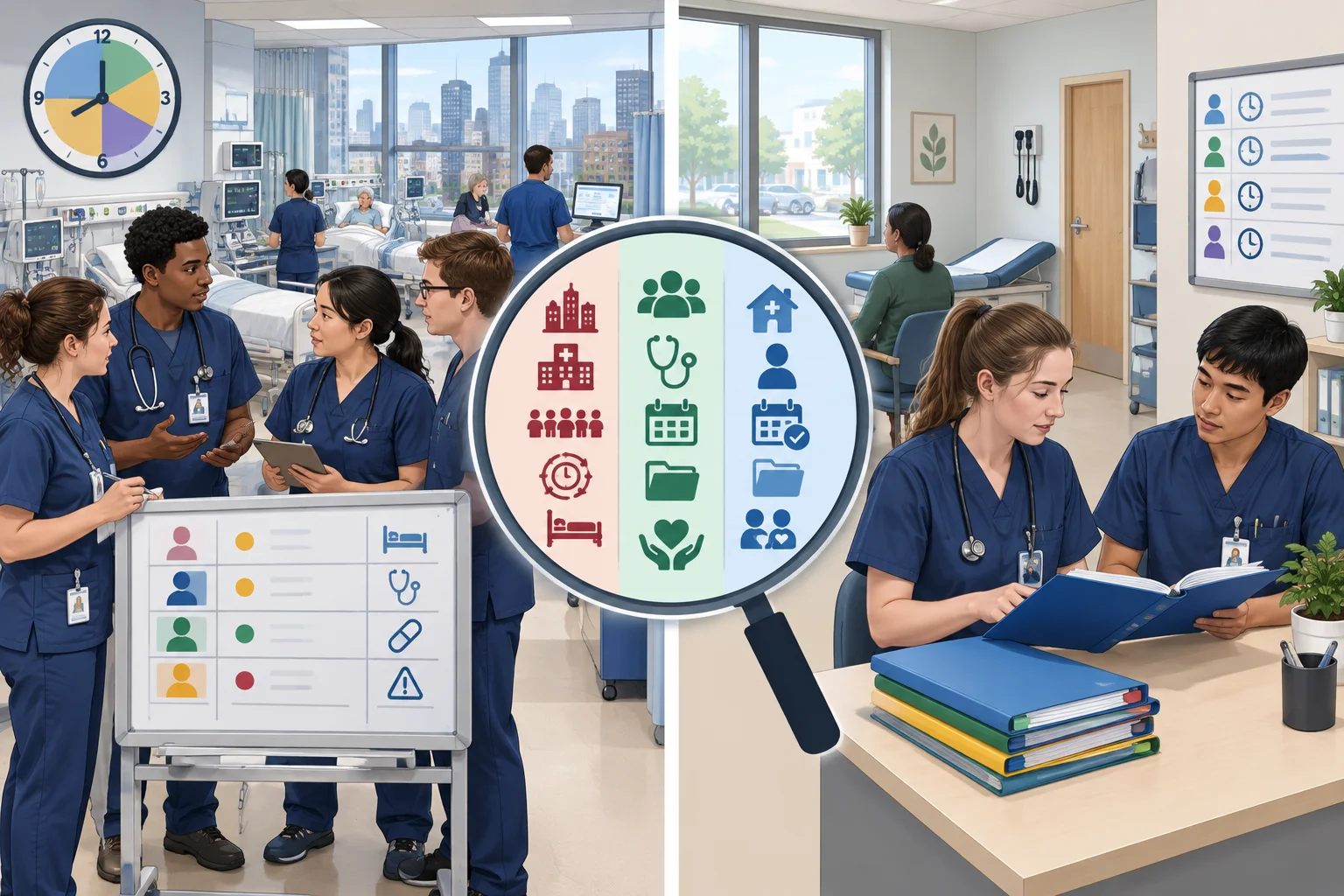 Diagrama comparando enfermeiros em um hospital universitário urbano e em uma clínica ambulatorial menor, com uma lupa entre os contextos.