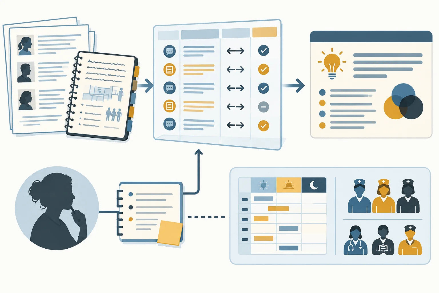 Diagrama mostrando materiais, registro de decisões, comparação e interpretação refinada, ligados à posição dos pesquisadores e às condições do contexto.