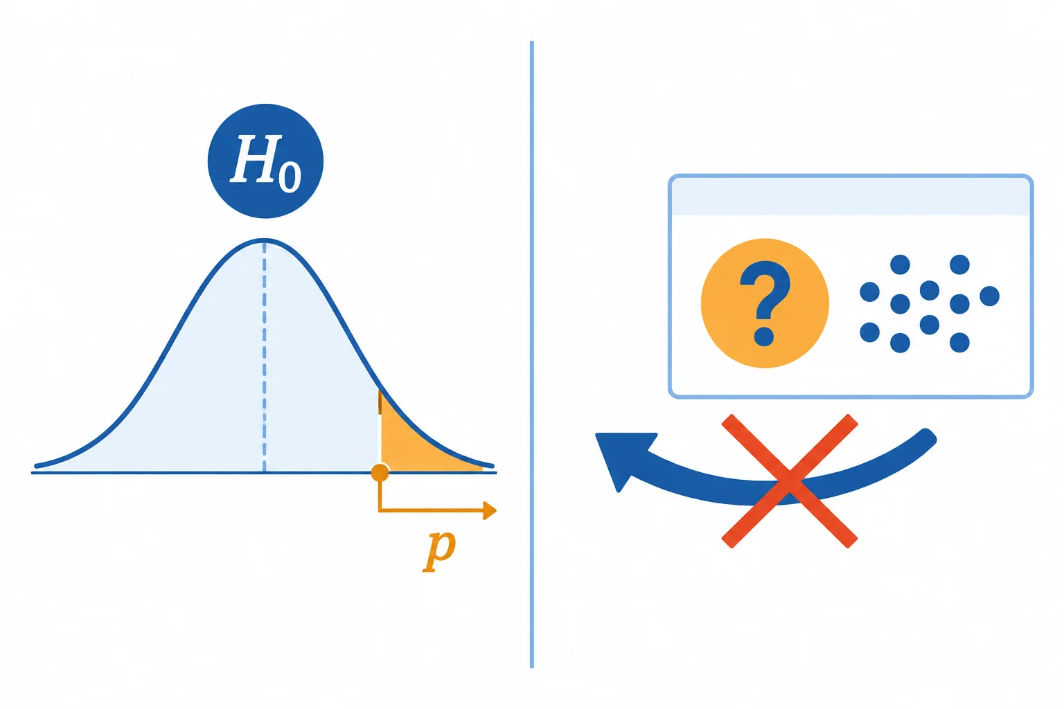 Contraste entre a área extrema de uma distribuição sob H₀ e a pergunta diferente sobre se H₀ é verdadeira após observar dados.