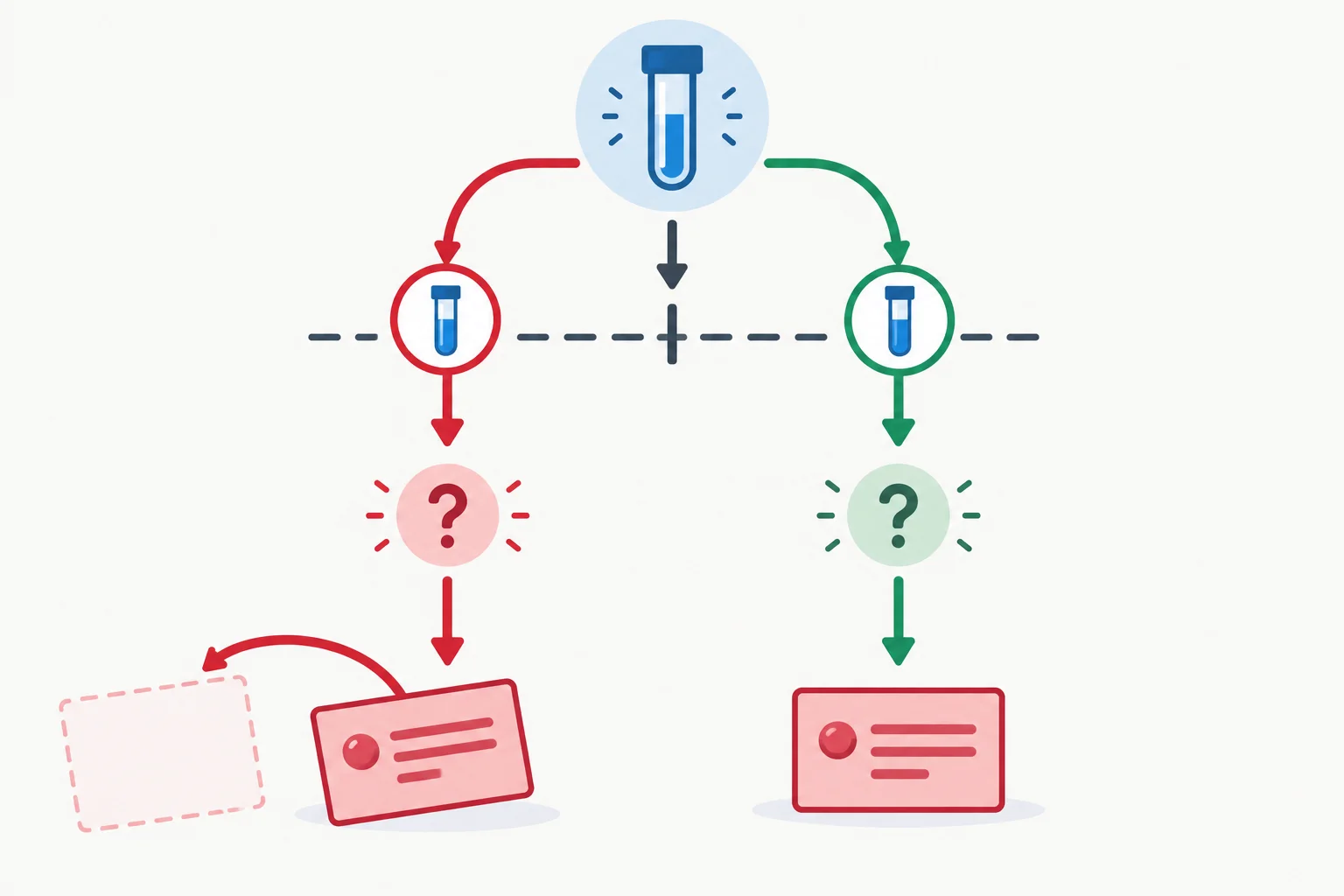 Diagrama com dois caminhos: um resultado cruza o critério e leva à rejeição da hipótese de referência; o outro não cruza o critério e mantém a hipótese como não rejeitada, com incerteza nos dois casos.