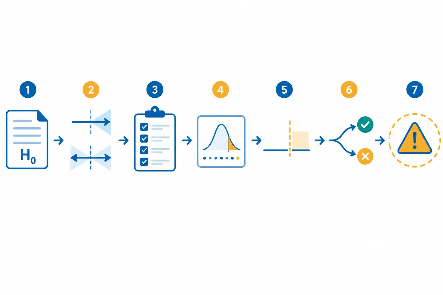 Esquema visual de sete etapas: hipótese de referência, direção, condições, valor de p, limiar alfa, decisão e limite da conclusão.