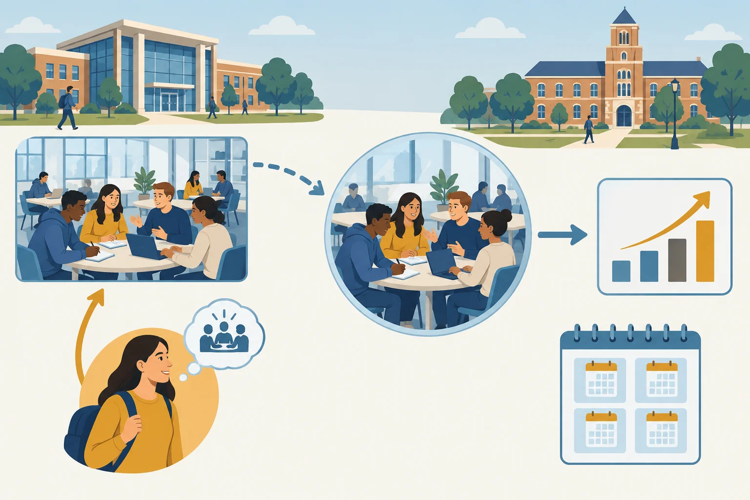 Diagrama com um espaço colaborativo, maior engajamento observado e dois caminhos possíveis: efeito do espaço ou estudantes já motivados escolhendo esse espaço.