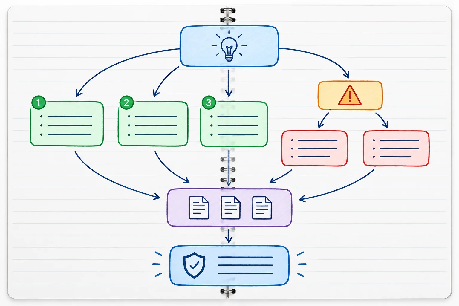 Diagrama de notas com uma ideia central no topo, informações recuadas como apoio e uma ressalva ligada à conclusão.