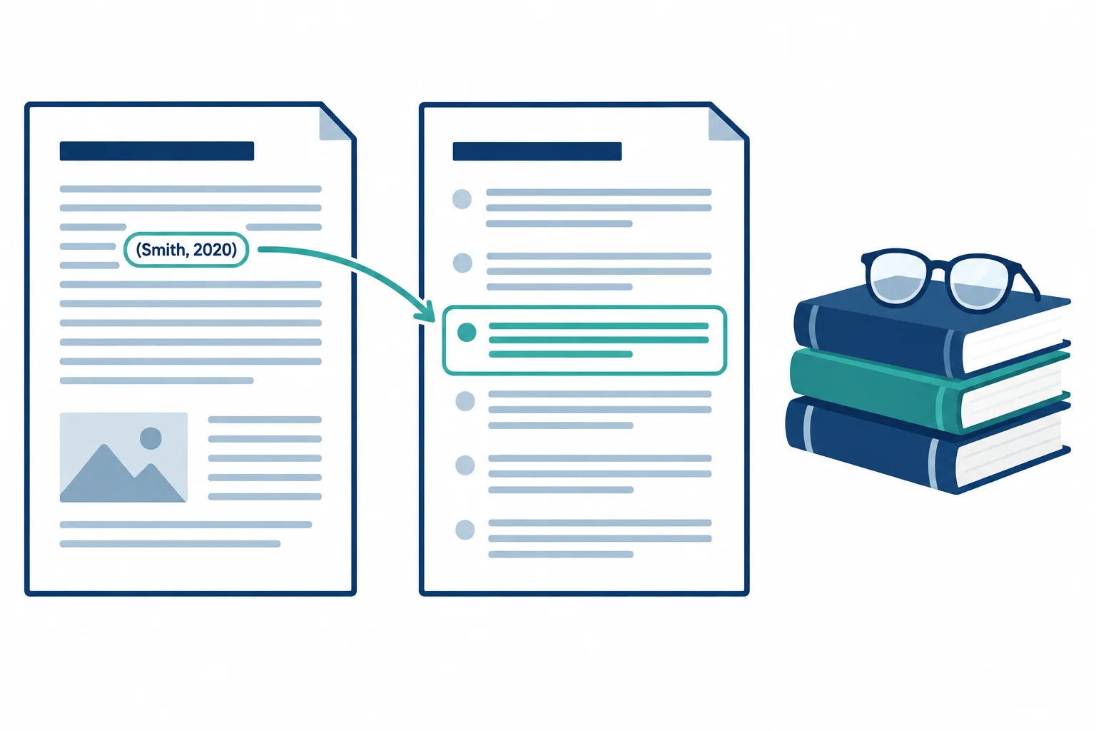Esquema mostrando uma citação no texto ligada a uma referência e leituras adicionais fora da lista.