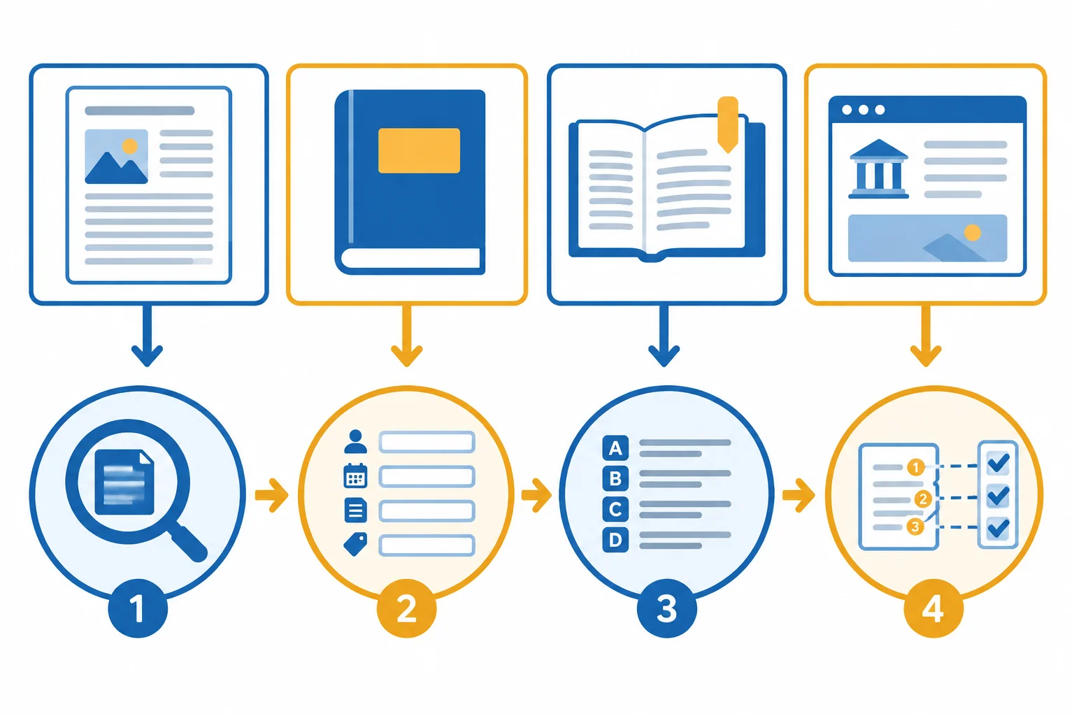 Diagrama com quatro tipos de fonte passando por identificação, montagem, ordenação e conferência com citações.