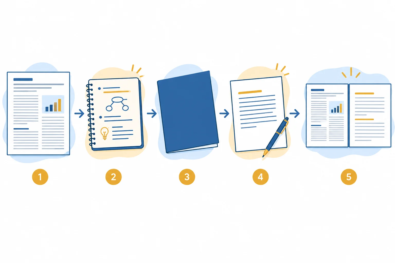 Diagrama com uma passagem acadêmica, notas, o original afastado, um rascunho e uma comparação final.