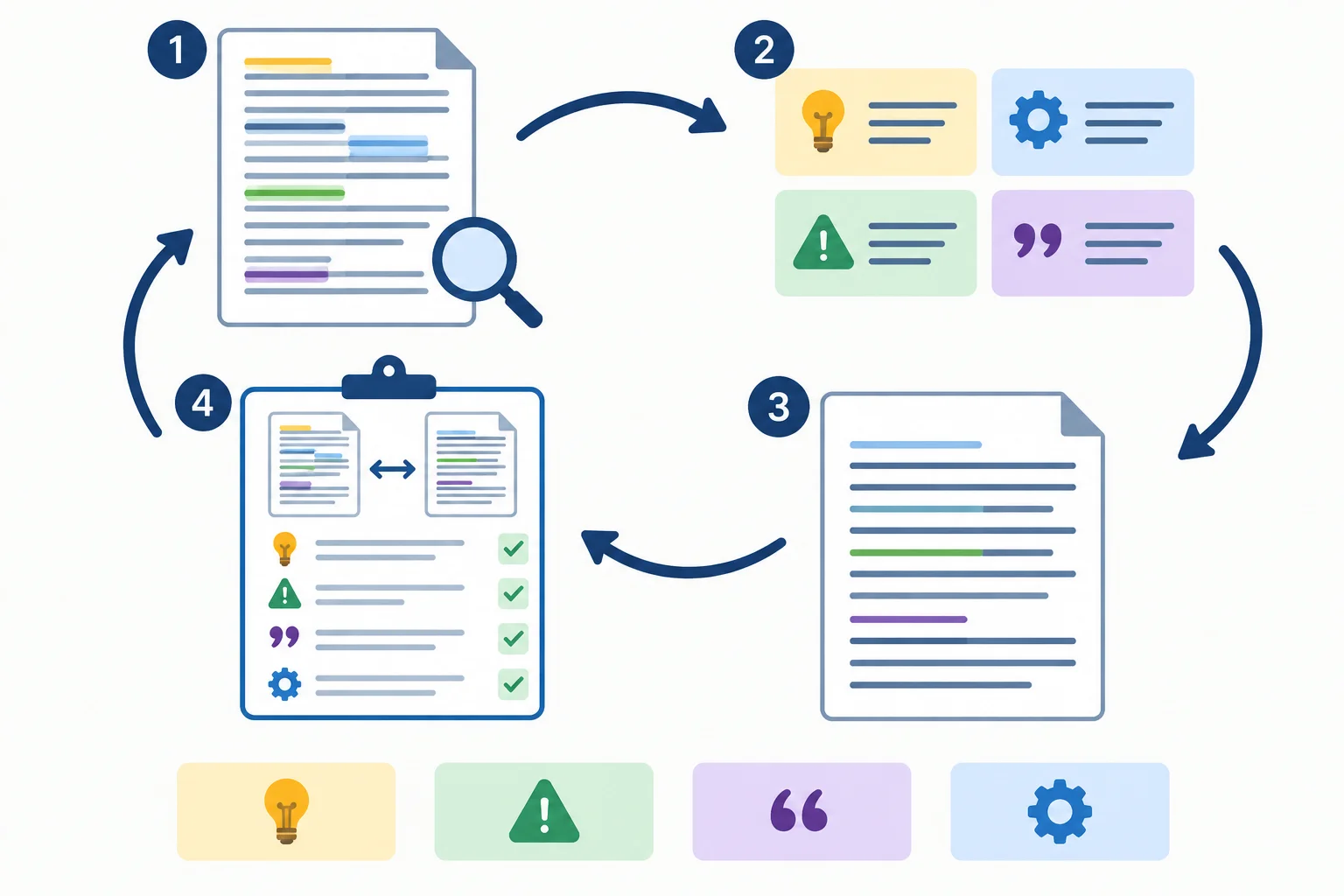 Diagrama com uma passagem acadêmica, cartões de notas, uma nova redação e uma lista de conferência conectados em ciclo.