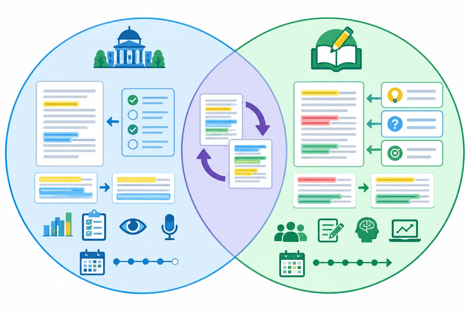Diagrama de duas pesquisas que se sobrepõem na ideia de revisão substantiva, mas mantêm ícones diferentes para medida e duração.