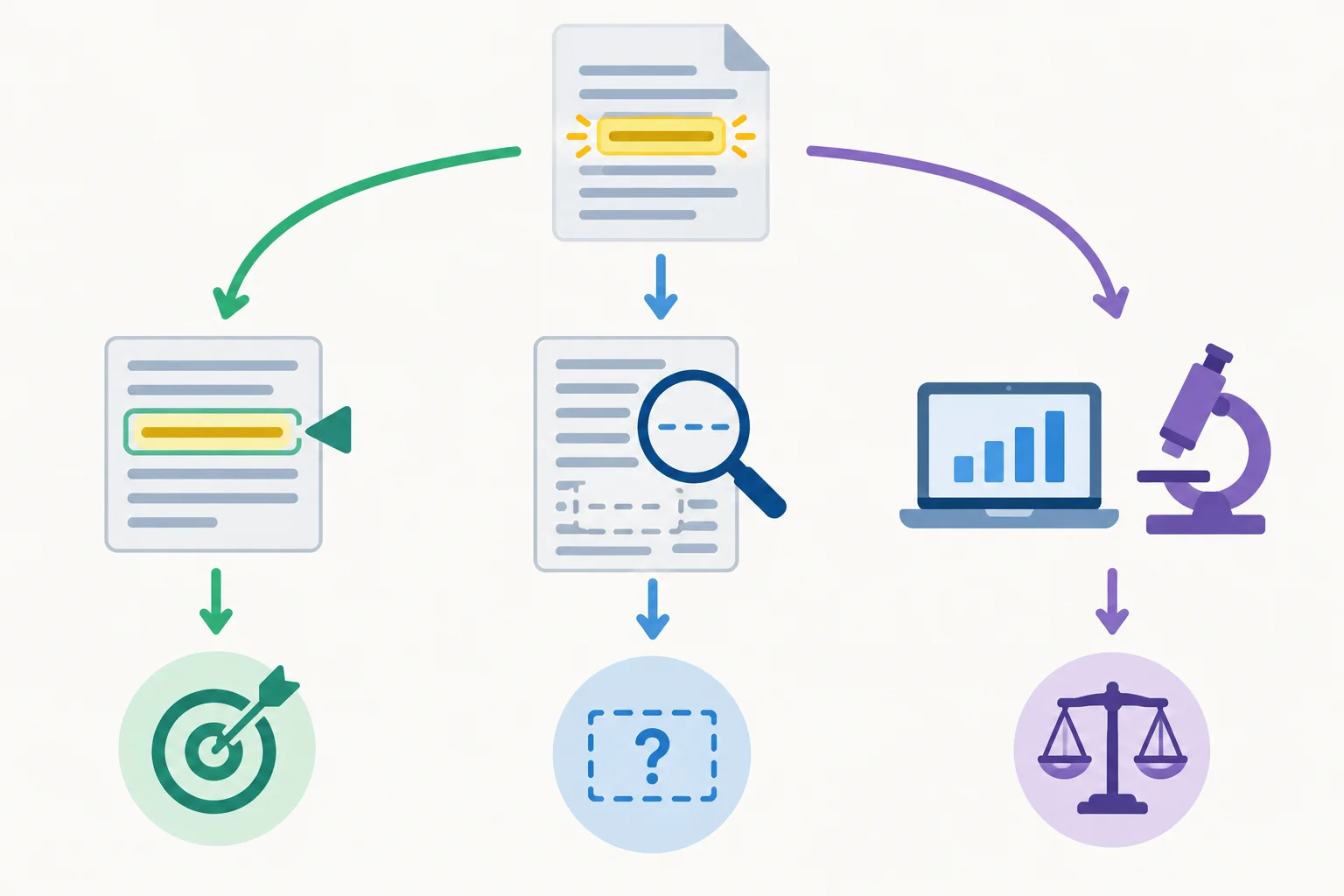 Diagrama visual com três caminhos: característica relatada que restringe uma conclusão, informação não localizada no material e comparação neutra entre métodos.