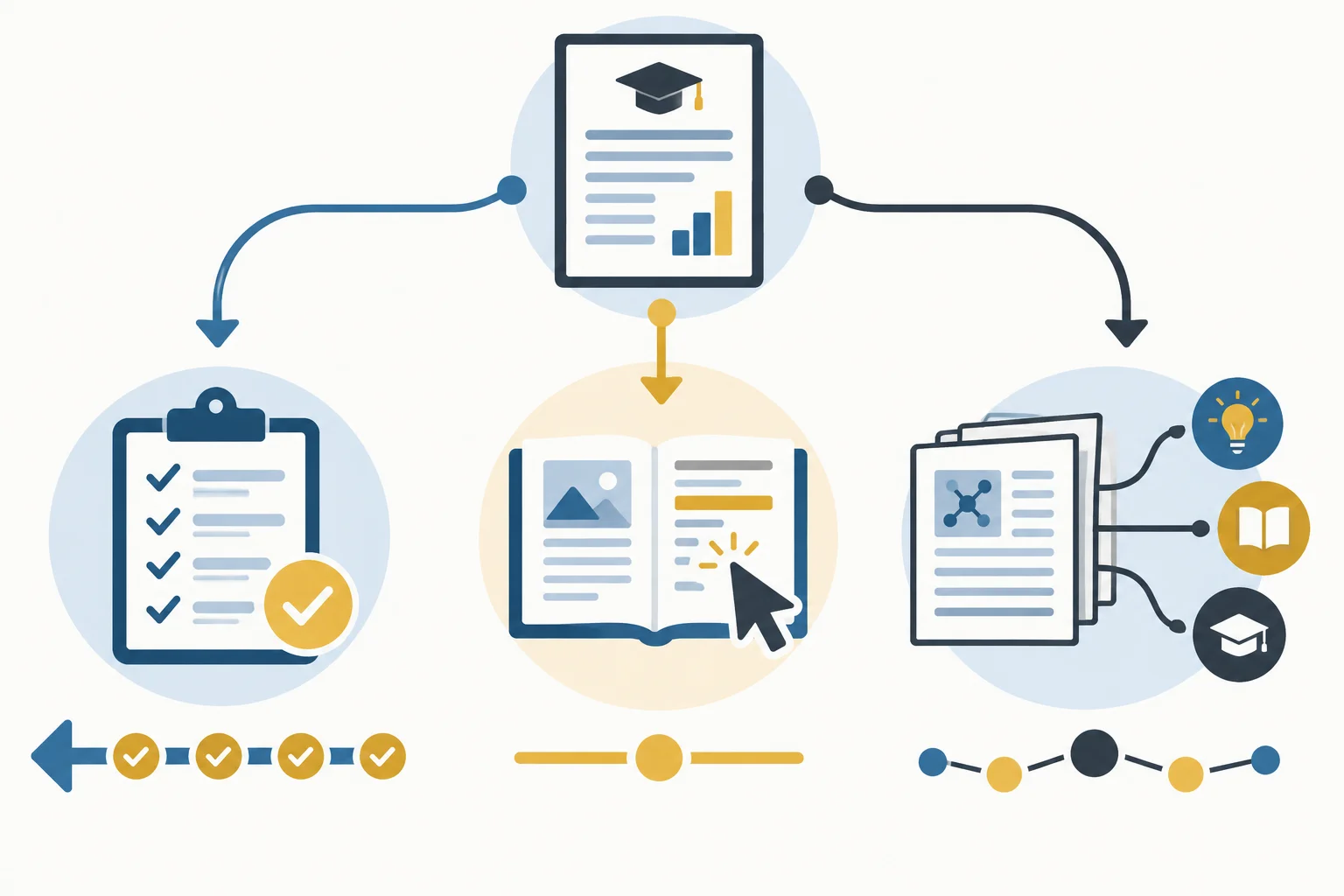 Diagrama com três funções: procedimento concluído, remissão ao documento e conhecimento discutido.