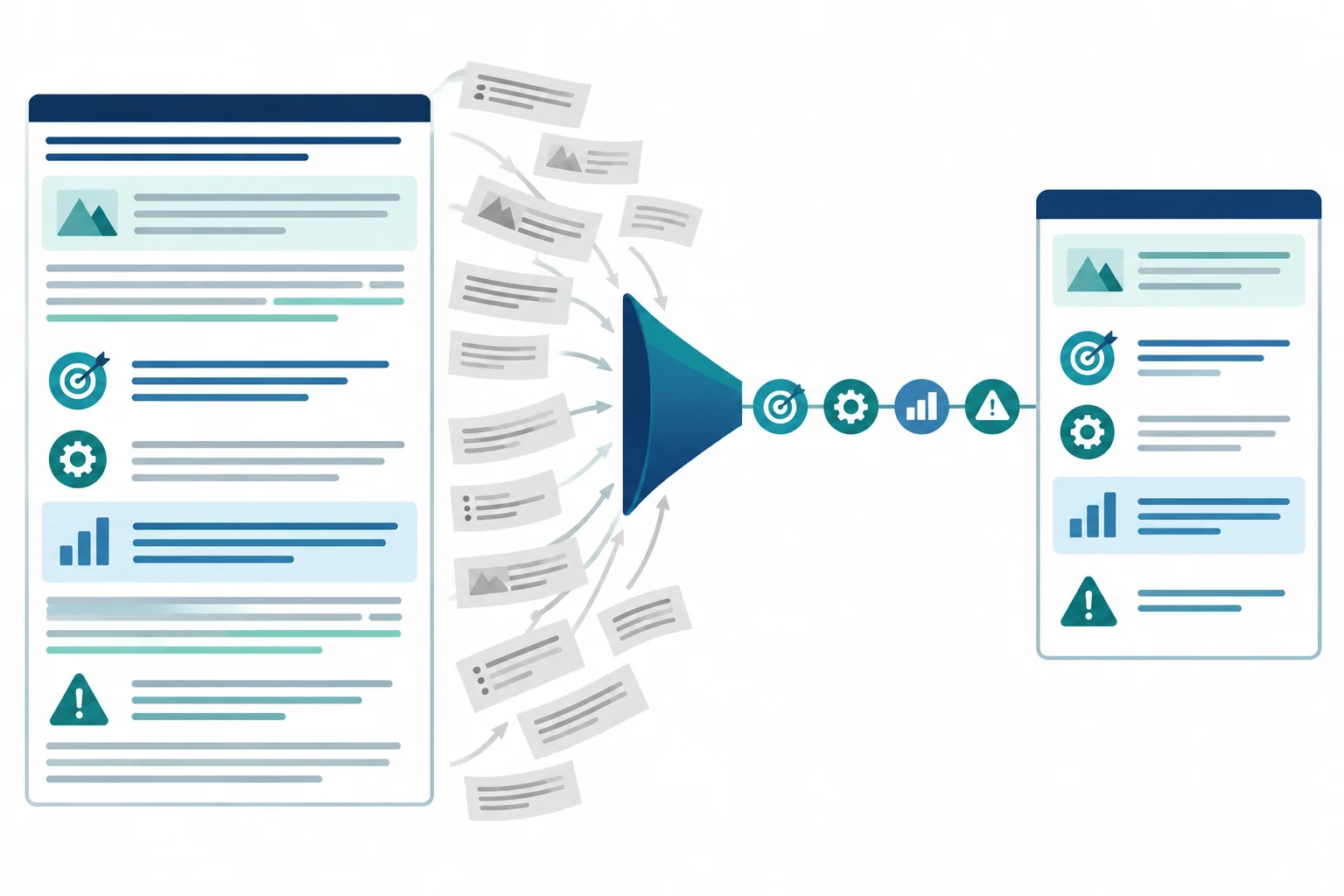 Diagrama de funil no qual contexto excessivo e detalhes secundários são removidos, enquanto objetivo, método, achado e ressalva permanecem conectados.