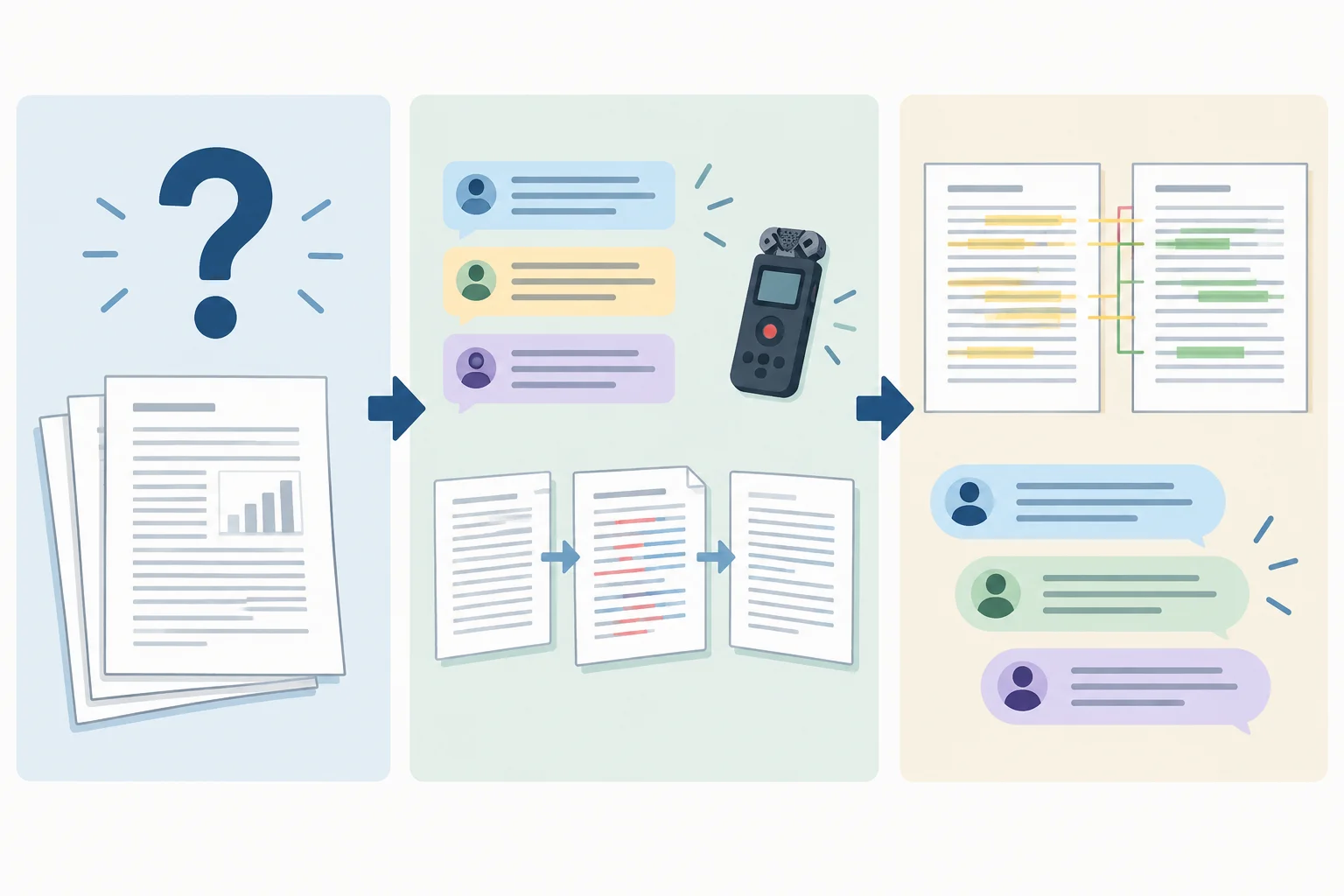 Diagrama com uma pergunta sobre uso de feedback, materiais do estudo e evidências de revisões e entrevistas.