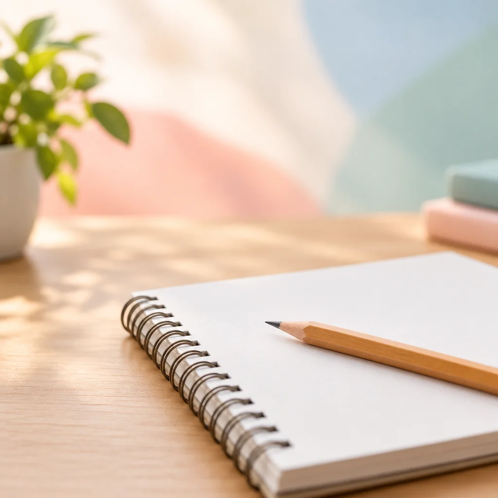 Uma imagem decorativa de caderno e lápis, sem relação explícita com o achado.