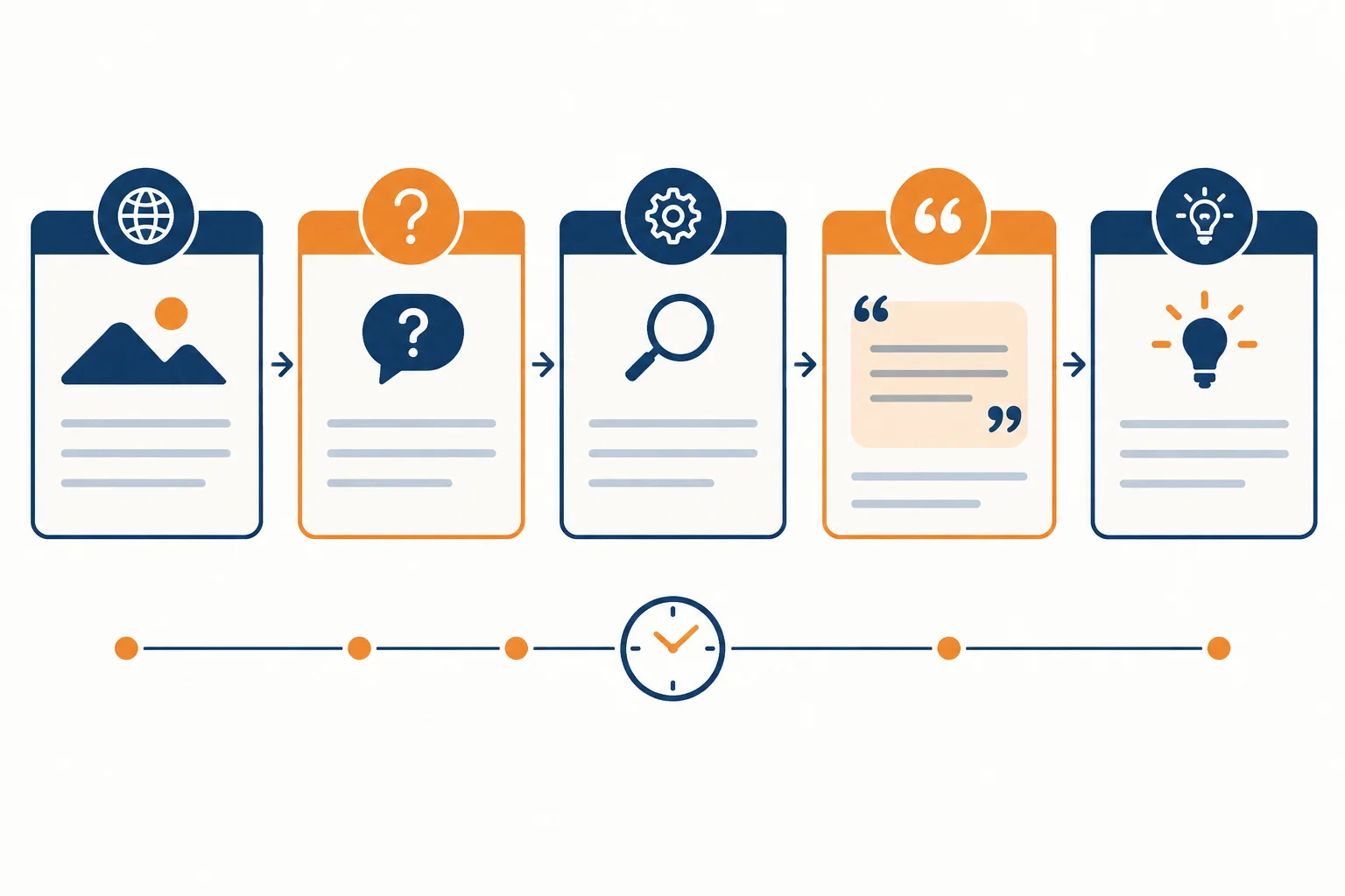 Diagrama de cinco cartões conectados que vai de contexto e pergunta a método, evidência e conclusão.