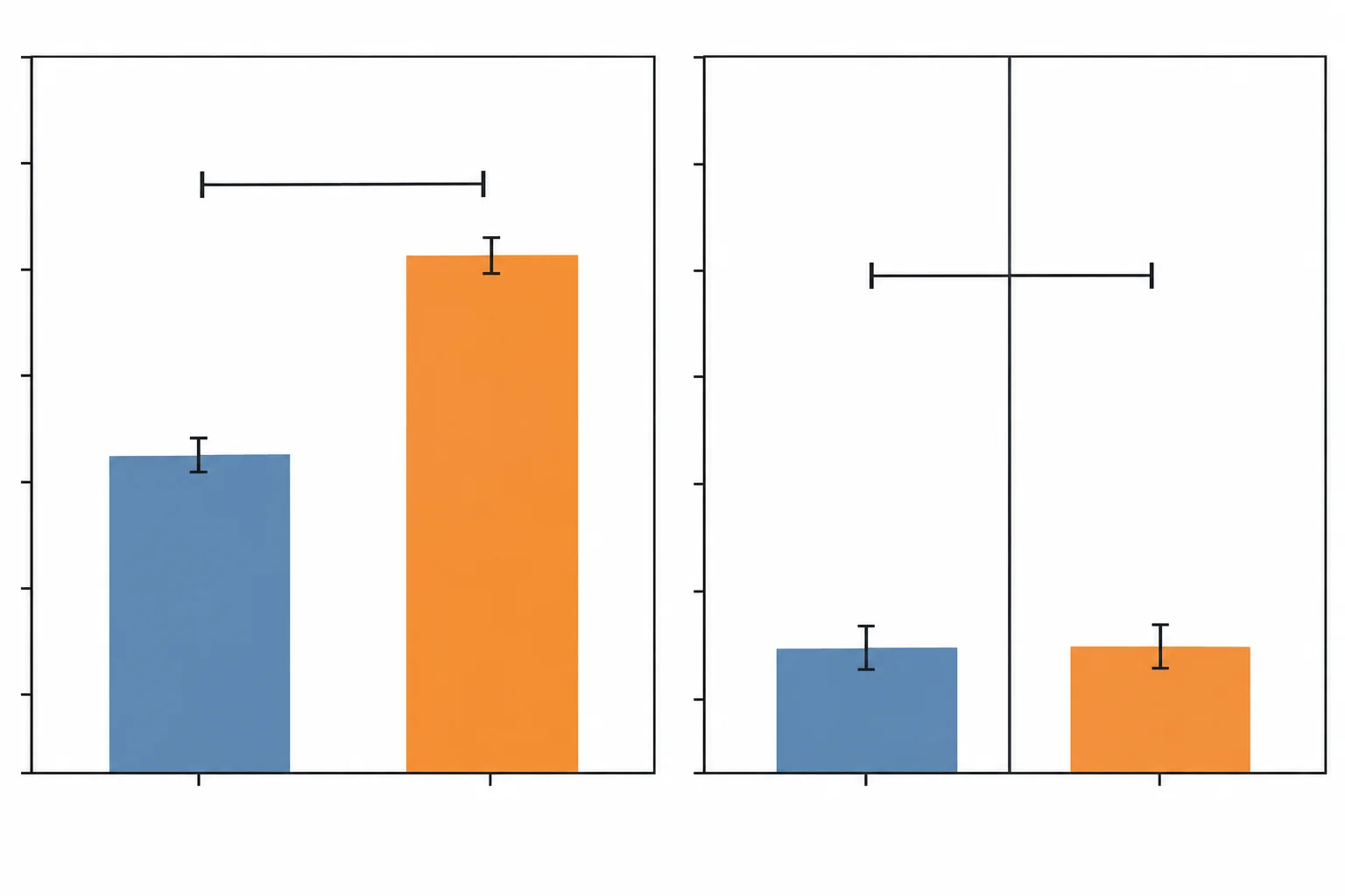 Figura em dois painéis: grande diferença de tempo entre as condições e pequena diferença incerta no número de erros.