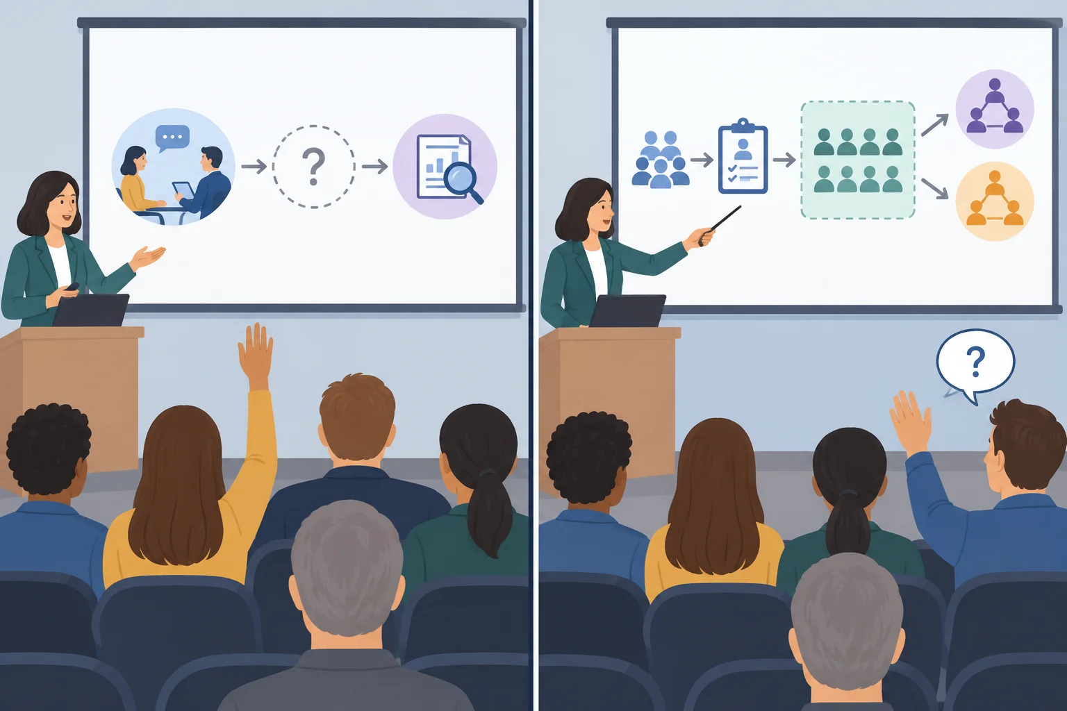 Comparação entre pedir um detalhe metodológico que não foi informado e examinar a consequência de uma decisão de recrutamento já explicada.