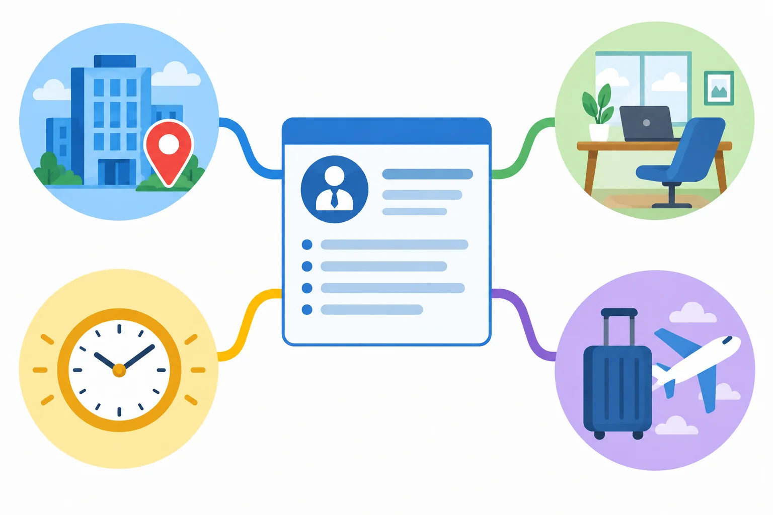 Diagrama que separa local, modalidade de trabalho, horário e viagens como condições de uma vaga.