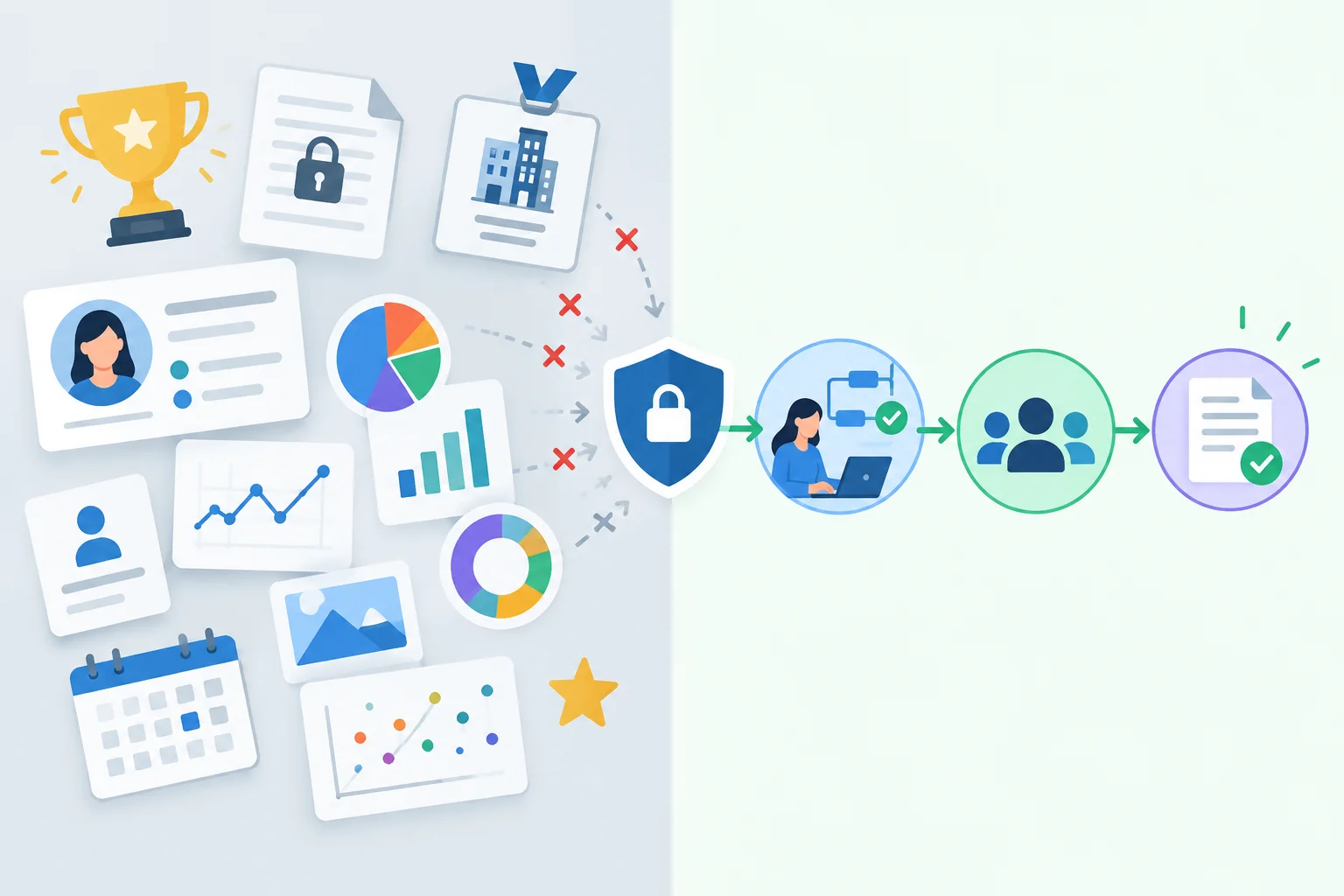 Comparação entre uma descrição cheia de detalhes dispersos e uma descrição que preserva ação, alcance e evidência enquanto filtra informações sensíveis.
