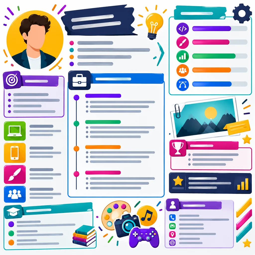 Layout com barras, ícones e blocos visuais competindo entre si