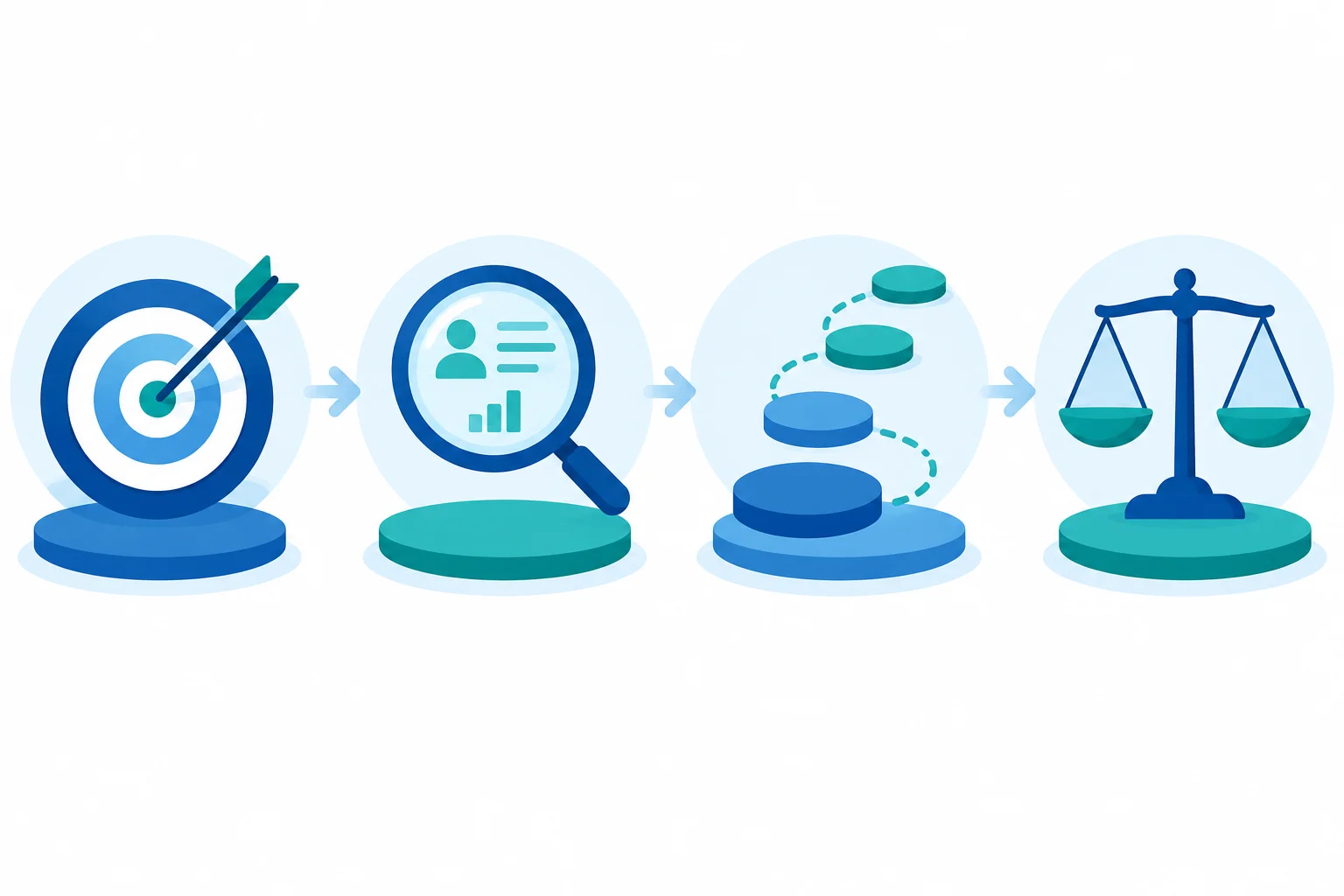 Diagrama com quatro etapas conectadas: objetivo, informação necessária, ações em sequência e justificativa.