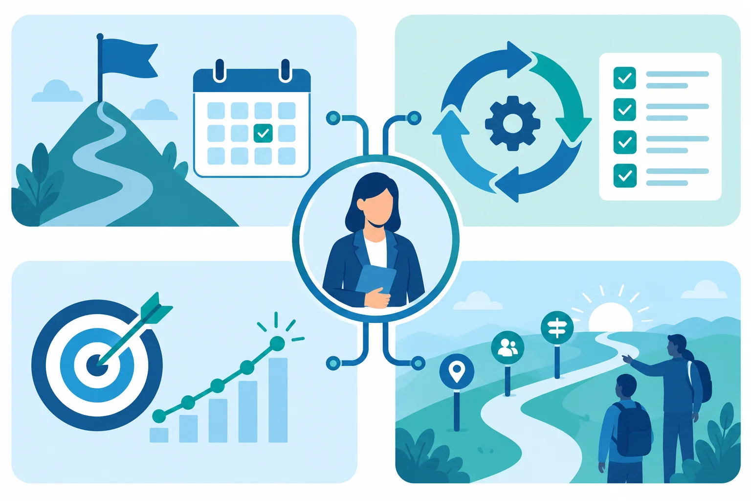 Diagrama com quatro dimensões para investigar em uma oportunidade: prioridades iniciais, responsabilidades recorrentes, critérios de sucesso e apoio de integração.