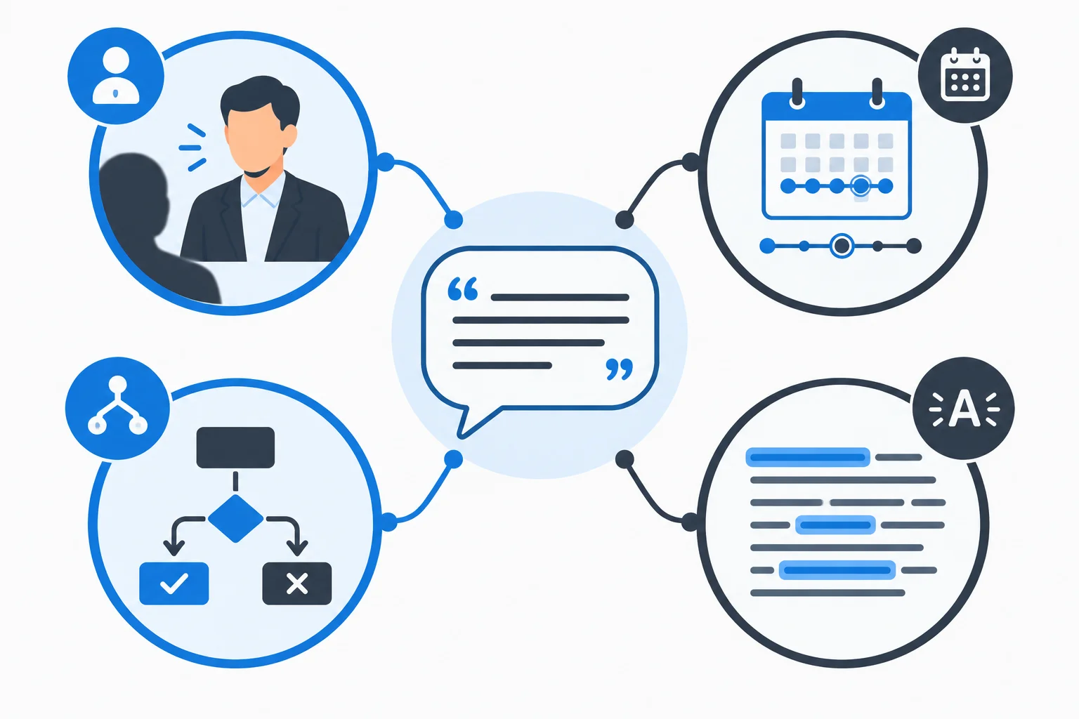 Diagrama com quatro lentes: autoria, período, condição e força da formulação, aplicadas a uma resposta de entrevista.