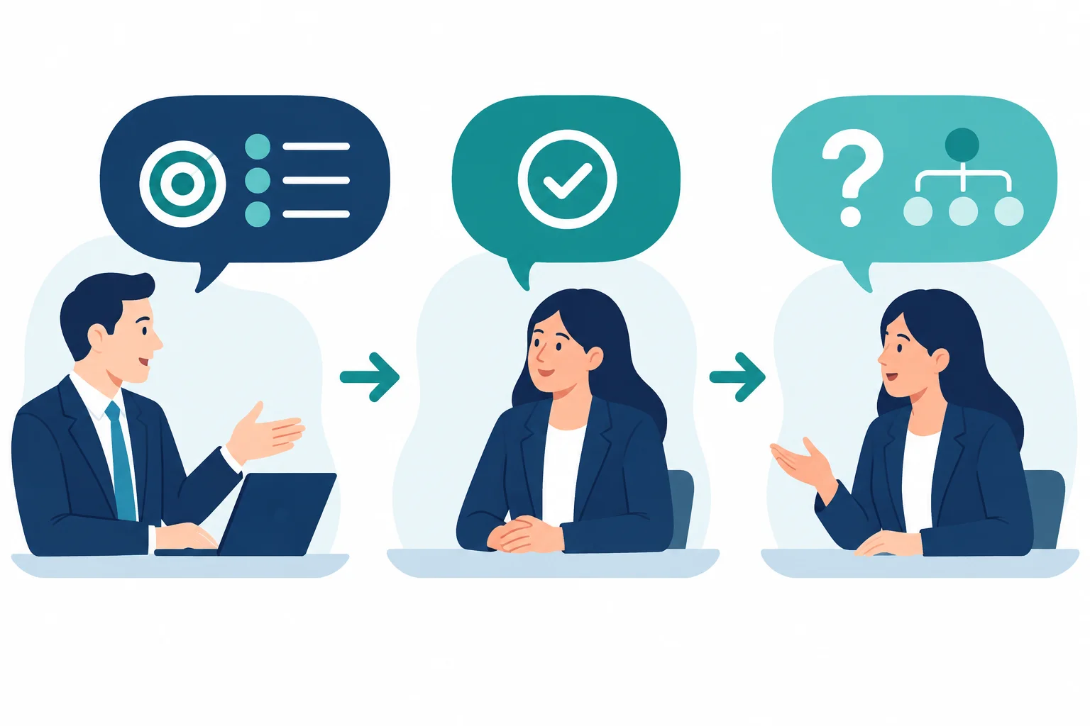 Diagrama mostrando a sequência: resposta do entrevistador, reconhecimento do candidato e uma pergunta de continuidade focada.