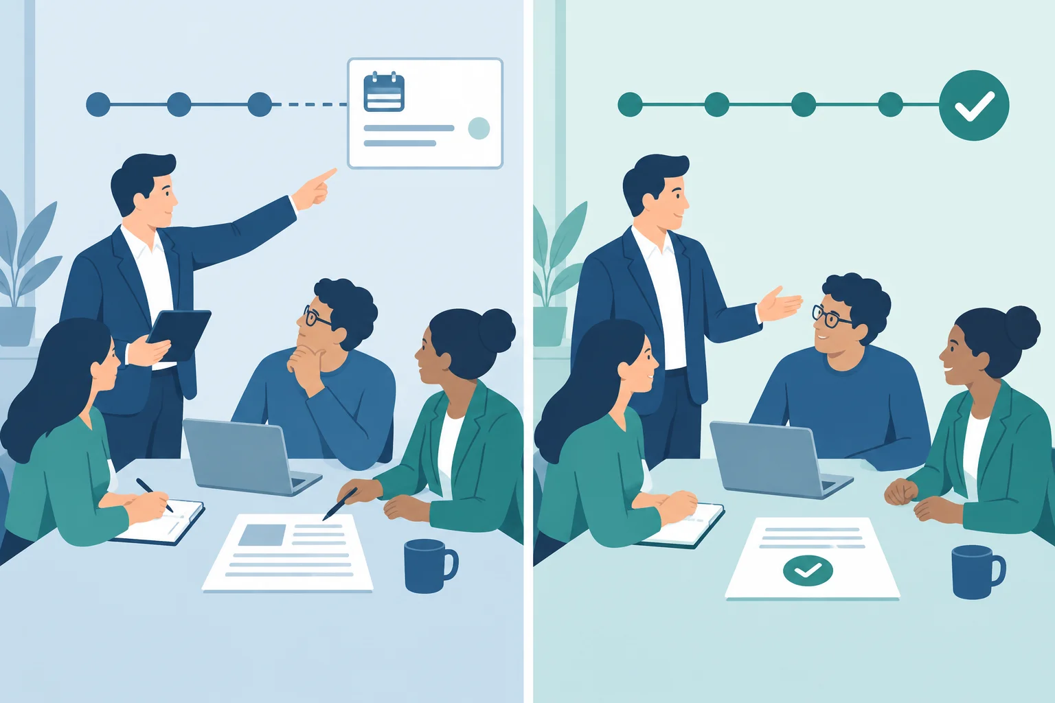 Comparação visual entre uma ação solicitada para ocorrer e uma ação já concluída.