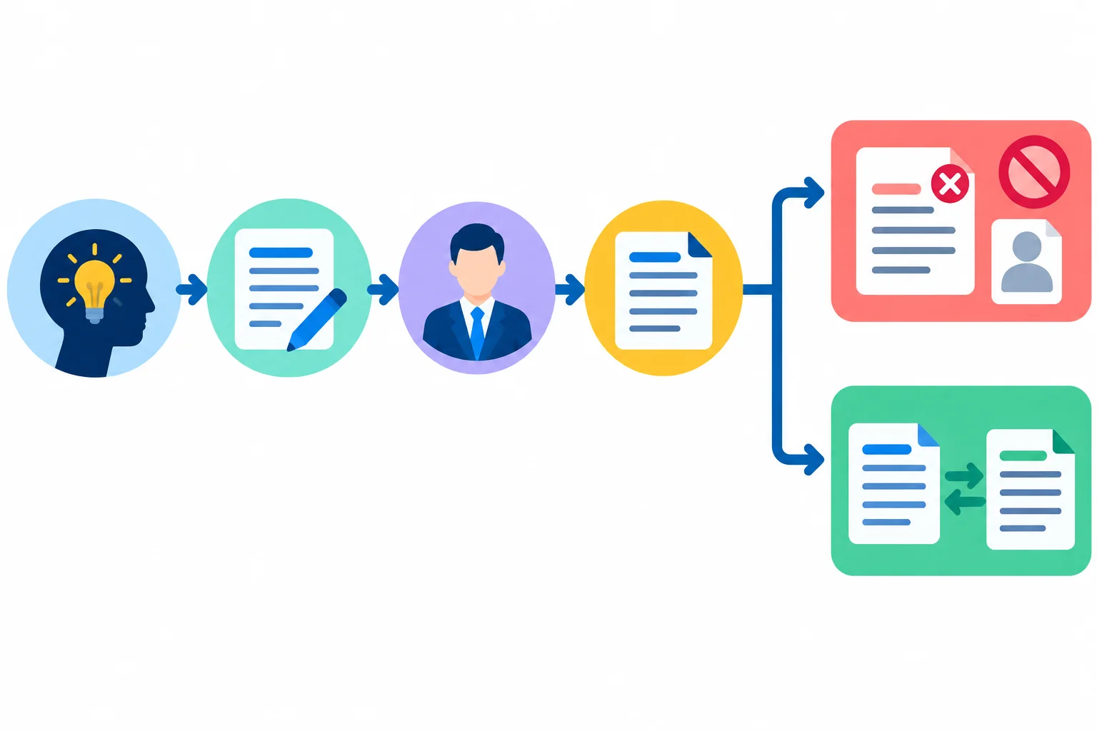 Diagrama de fluxo com seis etapas para revisar uma construção mandativa.