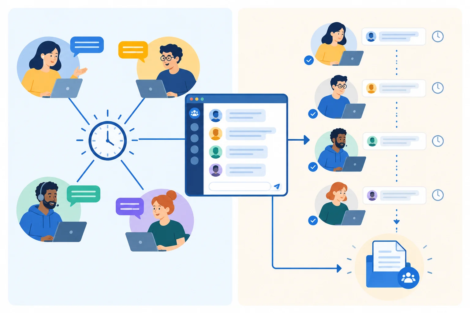 Diagrama mostrando um chat de equipe usado de forma síncrona, com pessoas conectadas ao mesmo tempo, e de forma assíncrona, com mensagens lidas em momentos diferentes.