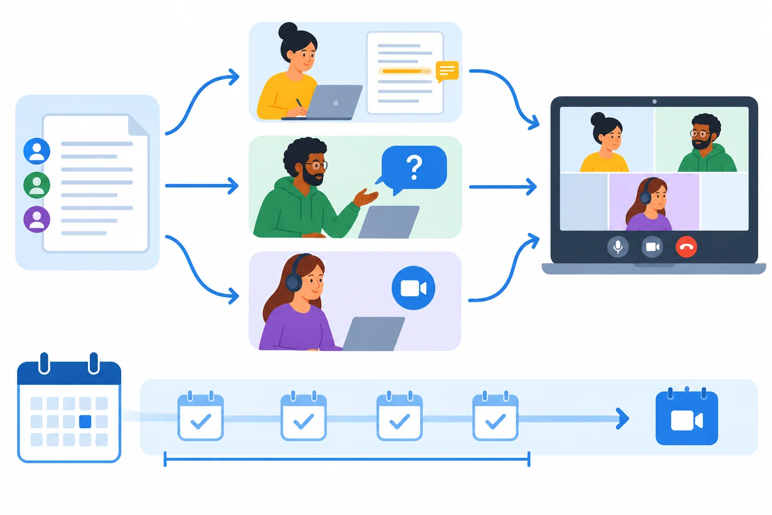 Diagrama mostrando contexto compartilhado antes de uma reunião, comentários escritos, pedido de esclarecimento e participação ao vivo como caminhos complementares.