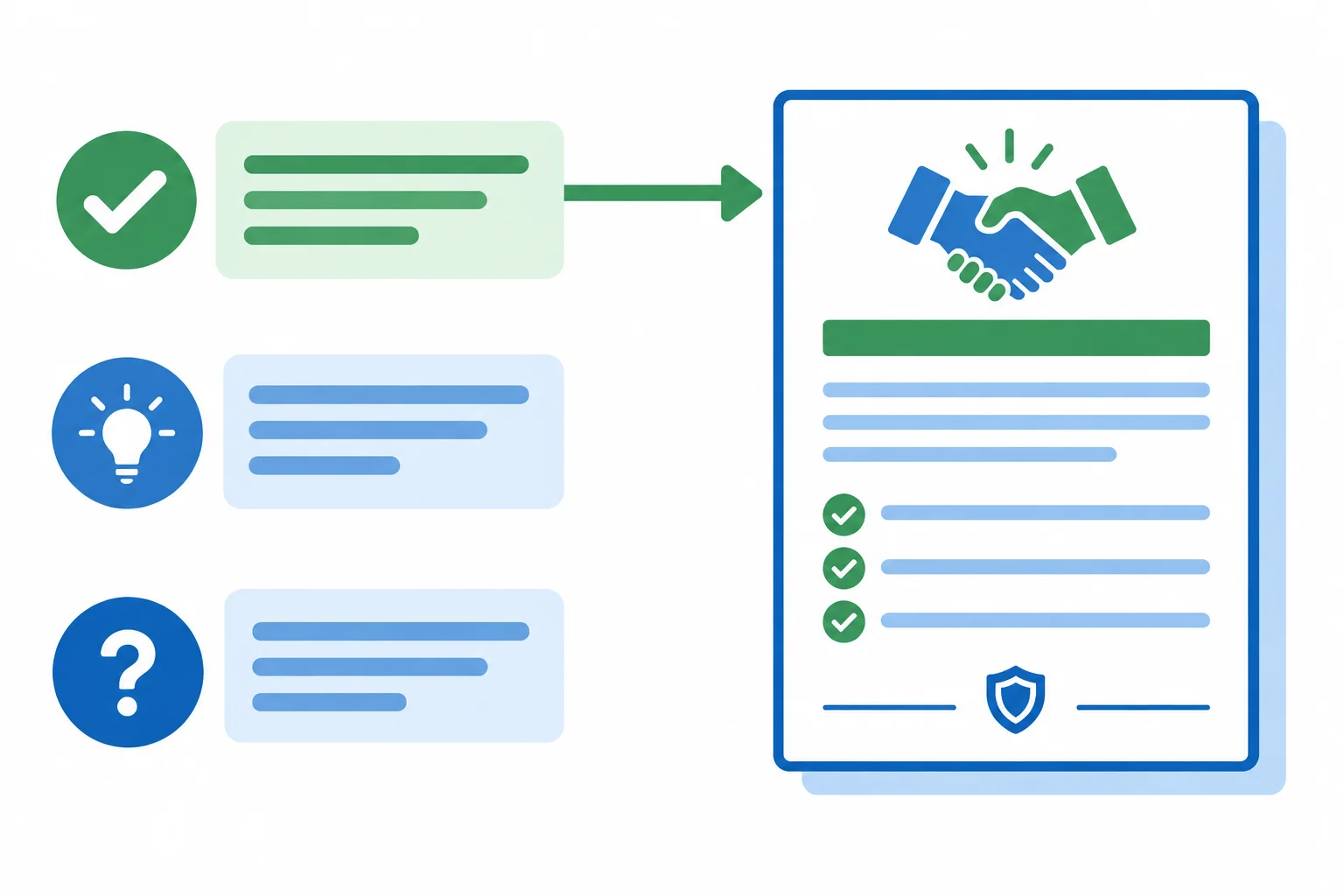 Diagrama mostrando que apenas uma informação confirmada passa para o documento de acordo; sugestão e dúvida ficam fora dele.