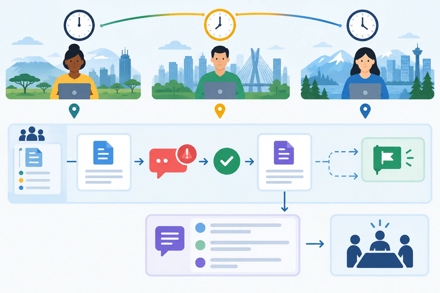 Diagrama com espaço compartilhado para decisões, chat para bloqueio urgente e três retornos separados: recebimento, resposta substantiva e conclusão da tarefa.