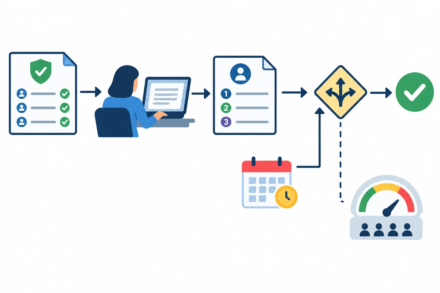 Diagrama mostrando regras de acesso como entrada para a redação de um guia, uma confirmação pendente antes de uma decisão e um limite de capacidade.
